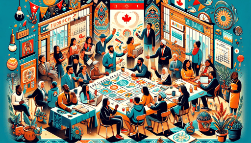 DALL·E 2023-11-26 20.33.40 - A lively and colorful illustration, again focusing on events hosted by a community of immigrant entrepreneurs, with added elements. The scene showcase-1